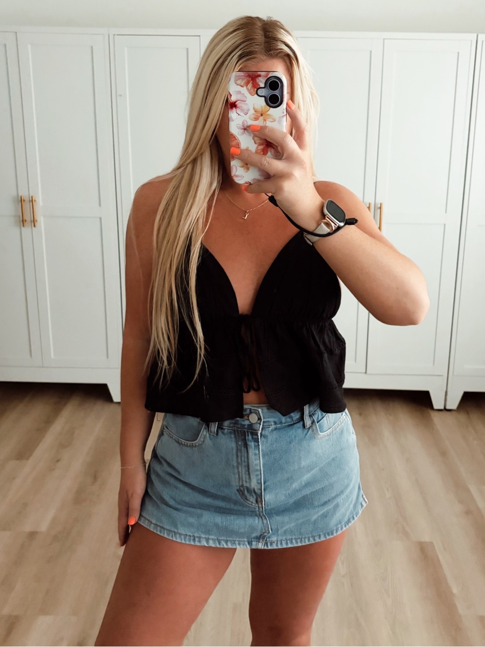 Black open front tie knit crochet top